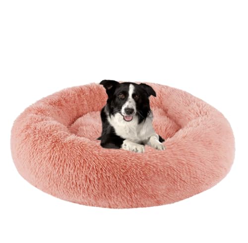 ZHULONGRUSHUI Hundebett für Mittelgroße und Große Hunde,Hundekissen,Hundekorb,Donut Kissen,Waschbar,rutschfeste Unterseite,Anti-Angst,Hundebett Katzenbett Flauschig Rund aus Plüsch(Rosa) von ZHULONGRUSHUI