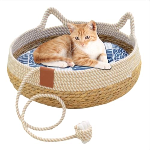 ZHXQRP Cat Bed for Indoor Cats Cushioned Kitten Bed Washable Soft Woven with Cattail Grass Pet Bed Suitable for All Seasons(Nest+Blue mat,42cm/16.5in) von ZHXQRP