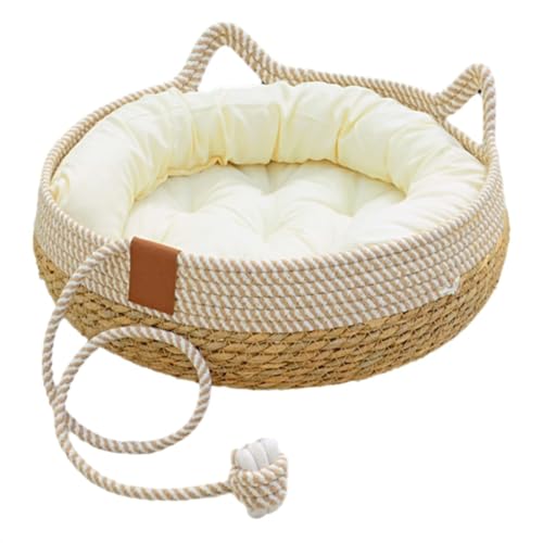 ZHXQRP Cat Bed for Indoor Cats Cushioned Kitten Bed Washable Soft Woven with Cattail Grass Pet Bed Suitable for All Seasons(Nest+White mat,35cm/13.7in) von ZHXQRP