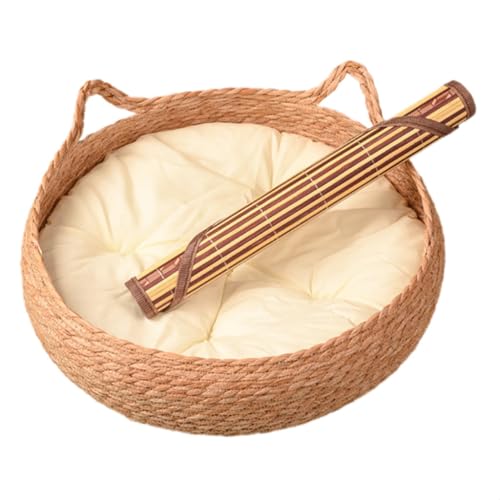 ZHXQRP Katzenbett Aus Rohrkolbengras Rund for Hauskatzen Haustierbetten Waschbar for Alle Jahreszeiten Geeignet(Catbed+White mat+cool mat,35cm) von ZHXQRP