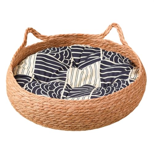 ZHXQRP Katzenbetten for Hauskatzen Waschbar Gewebt Mit Rohrkolbengras Rundes Haustierbett for Katzen Und KäTzchen for Alle Jahreszeiten Geeignet(Cat Bed+Blue mat,30cm) von ZHXQRP