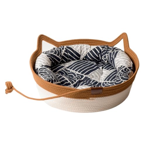 ZHXQRP Round Cat Bed for Cats or Small Dogs Woven with Cotton Rope Suitable for All Seasons Soft Fabric Pet Beds Washable Cat Bed(Brown+Blue Pad,36x36x14cm) von ZHXQRP