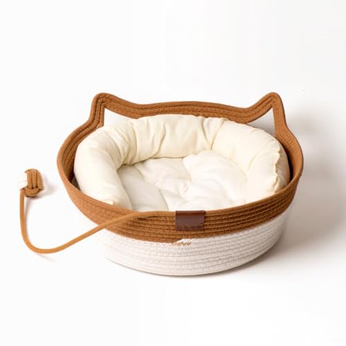 ZHXQRP Round Cat Bed for Cats or Small Dogs Woven with Cotton Rope Suitable for All Seasons Soft Fabric Pet Beds Washable Cat Bed(Brown+White Pad,36x36x14cm) von ZHXQRP