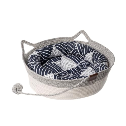 ZHXQRP Round Cat Bed for Cats or Small Dogs Woven with Cotton Rope Suitable for All Seasons Soft Fabric Pet Beds Washable Cat Bed(Gray+Blue Pad,36x36x14cm) von ZHXQRP