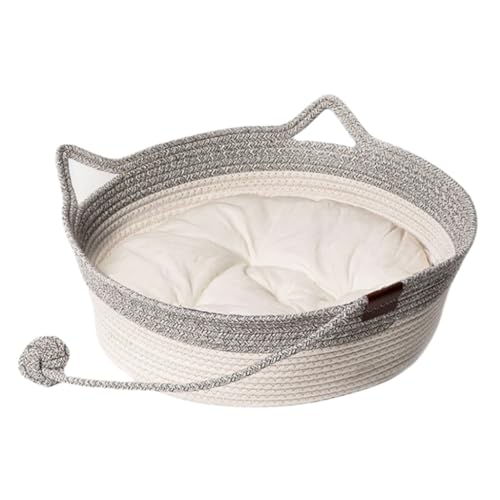 ZHXQRP Round Cat Bed for Cats or Small Dogs Woven with Cotton Rope Suitable for All Seasons Soft Fabric Pet Beds Washable Cat Bed(Gray+White Pad,36x36x14cm) von ZHXQRP