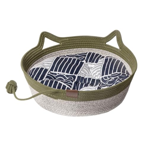 ZHXQRP Round Cat Bed for Cats or Small Dogs Woven with Cotton Rope Suitable for All Seasons Soft Fabric Pet Beds Washable Cat Bed(Green+Blue Pad,36x36x14cm) von ZHXQRP