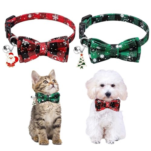 2 PCS Weihnachten Hundehalsband,Hundehalsband mit Fliege,mit Anhänger,Katzenhalsband,Personalisiertes Weihnachts-Hundehalsband,Hundehalsband Weihnachten,Hundehalsband Kleine Hunde für Hunde und Katzen von ZHYUAN