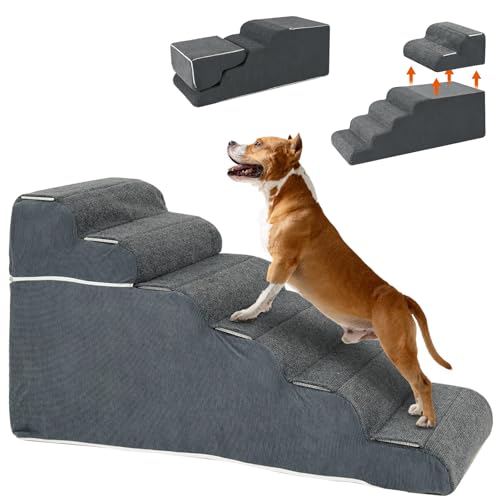 Haustiertreppe Hundetreppe 6 Stufen Abnehmbar Hundetreppe katzentreppe Hoch 65cm hundetreppe für kleine Hunde mit waschbarem Bezug und Rutschfester Boden für Bett, Sofa, Couch und Auto (114x45x65cm) von ZIKEBTUY