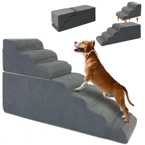 Haustiertreppe Hundetreppe 7 Stufen Abnehmbar Hundetreppe katzentreppe Hoch 75cm hundetreppe für kleine Hunde mit waschbarem Bezug und Rutschfester Boden für Bett, Sofa, Couch und Auto (127x45x75cm) von ZIKEBTUY