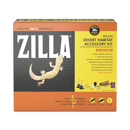 Zilla Pet Reptile Desert Terrarium Habitat Zubehör-Set mit Beleuchtung, Bodenauskleidung, Feuchtigkeits- und Temperaturanzeige und Omnivore Leckerlis von ZILLA