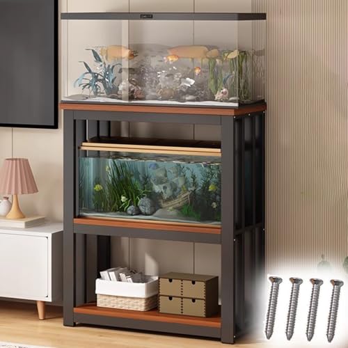 Aquarium Unterschrank Schwerer Aquarienständer aus Metall mit Zubehör, Bodenstehender Reptilienbeckenschrank für 2 Zuchtbecken, Insektenausstellungsständer mit Walnussfarbener Platte(Black,60x35cm (23 von ZIMGOD