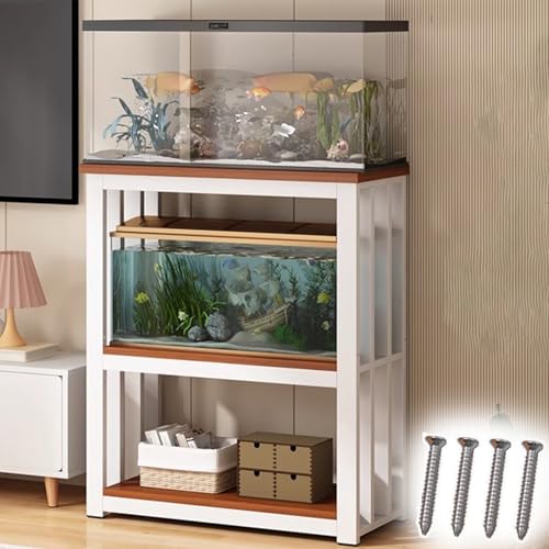 Aquarium Unterschrank Schwerer Aquarienständer aus Metall mit Zubehör, Bodenstehender Reptilienbeckenschrank für 2 Zuchtbecken, Insektenausstellungsständer mit Walnussfarbener Platte(White,60x40cm (23 von ZIMGOD