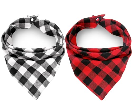 2 Stück Weihnachten rot und schwarz-weiß karierte Bandanas mit Knopf, zweilagiger Schal, weiche Baumwolle, Dreieck-Lätzchen, Mädchen und Jungen, Halstuch, verstellbares Zubehör für kleine, mittelgroße von ZIRVYIR