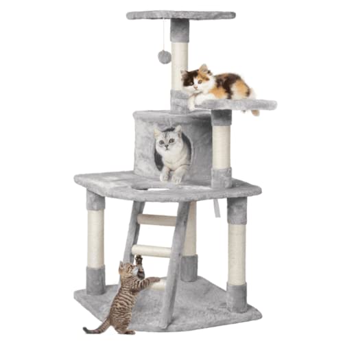 Katzen-Kletterbaum, Kratzbaum mit Pfostenturm, hellgrauer Katzen-Kletterbaum, Katzen-Eigentumswohnung zum Schleifen von Krallen, zum Spielen im Innenbereich, Katzenturm elegant von ZITTRO