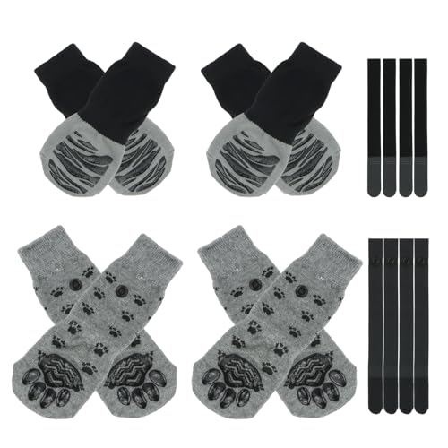 ZJRung 4 Paar Hundesocken Anti-rutsch 2 Arten von Indoor Anti-Rutsch Socken für Hunde Graue Hundepfoten Schoner mit Verstellbaren Riemen für Hartholzböden - L von ZJRung