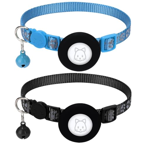 ZKSXOA 2 Pcs Airtag Katzenhalsband, Airtag mit AirTag Halter und Glocke,Reflektierendes Katzenhalsband mit abbrechbarer Sicherheitsschnalle für Kätzchen Welpen,Einstellbar 22-35 cm von ZKSXOA