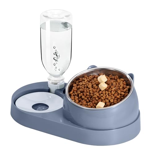 Futterstation Katzen mit Automatischer Wasserflasche 2 In 1 Erhöhte Schüssel Aus Edelstahl Anti-Erbrechen Katzennäpfe für Kleine, Mittelgroße Katzen Hunde (Blau, groß) von ZLLkeji