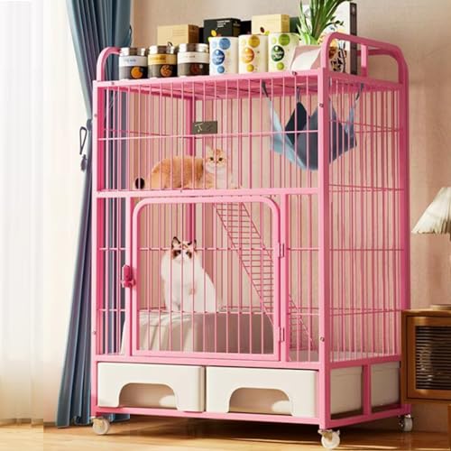 2-stöckiger Katzenkäfig, Katzenkiste mit 2 großen Schubladen, Katzenkäfig für den Innenbereich, Hasenhaus, Tierkäfige mit Rädern und Leiter, Außenzaun für Haustiere, Pink von ZMAZHANG