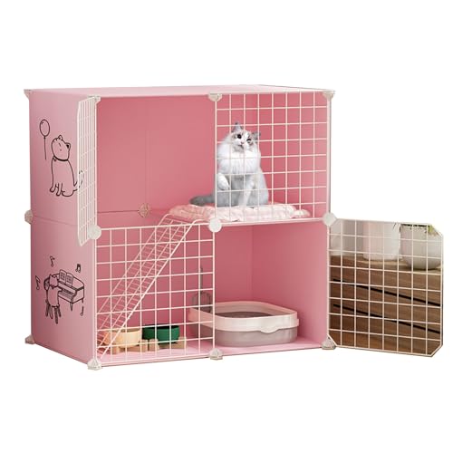 Großer Katzenkäfig für den Innenbereich, DIY-Katzenlaufstall aus Metall mit 2 Ebenen, halbgeschlossener Katzenzwinger, Jaula para Gatos für 1 Katze/Kaninchen (Rosa) von ZMAZHANG