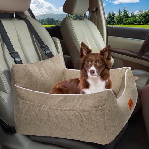 ZMUBB Hunde-Autositz für kleine Hunde: Einfache Installation, vollständig abnehmbar, waschbar, weich, sichere Reisetasche, mit Aufbewahrungstaschen und Clip-on-Leine (Camel) von ZMUBB