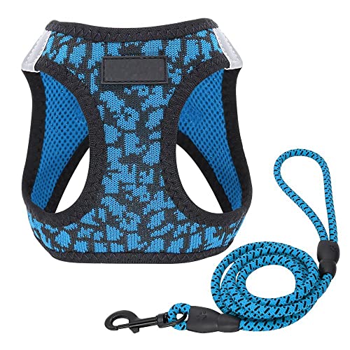 Hundegeschirr Katzengeschirr Set Blaues Atmungsaktives Hundegeschirr Und Leine Set Reflektierendes Mesh Pet Welpengeschirr Weste Leine Leahes Harness Für Kleine Hunde XXS von ZNYLX