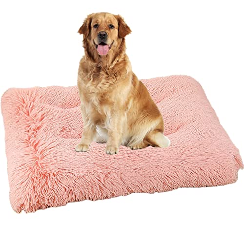 Beruhigendes Haustierbett, große Hundeboxen-Matratze, waschbar, mit rutschfester Unterseite, Haustierbett, Kissen, faltbare Kistenmatte, bequeme Plüsch-Hundebettmatte, 93 x 65 x 10 cm, Rosa von ZOCIS