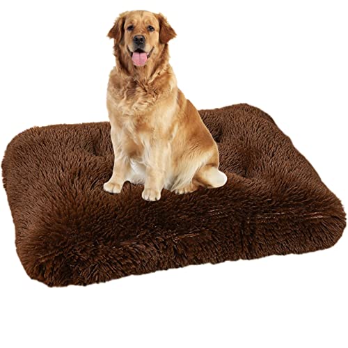 Beruhigendes Haustierbett, große Hundeboxenmatratze, waschbar, mit rutschfester Unterseite, Haustierbett, Kissen, faltbare Kistenmatte, bequeme Plüsch-Hundebettmatte, 110 x 75 x 10 cm, Kaffee von ZOCIS