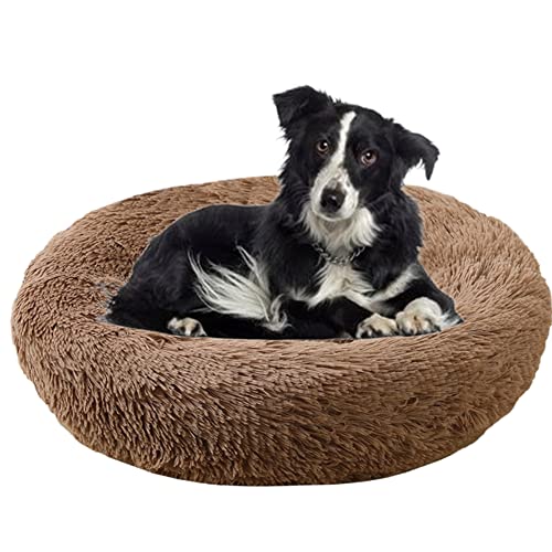 Beruhigendes Kuschel-Hundebett mit Donut-Haustierbett, rutschfeste Unterseite, flauschiges Plüsch-Hundebett, Sofa, Haustierbett, selbstwärmend, Kunstfell, rundes Hundebett, Anti-Angst-Bett für große, mittelgroße Hunde, Katzen, Ø60 cm, Khaki von ZOCIS