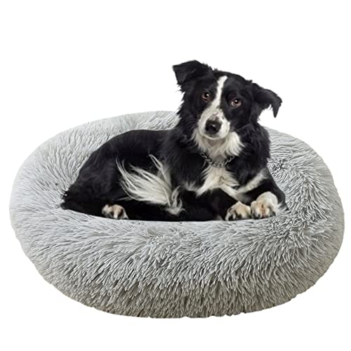 Calming Cuddler Hundebett Donut Haustierbett Anti-Rutsch-Unterseite Flauschiges Plüsch-Hundebett Sofa Haustierbett Selbstwärmendes Kunstfell Rundes Hundebett Anti-Angstbett für große, mittelgroße Hunde, Katzen, Ø 120 cm, Grau von ZOCIS