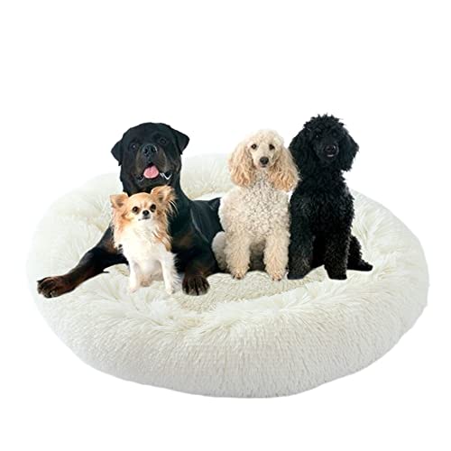 Donut-Haustierbett mit rutschfester Unterseite, flauschig, gemütlich, Plüsch-Hundebett, beruhigendes Hundebett, Kuschelbett, rundes Haustierbett, Kissen für mittelgroße und große Hunde/Katzen, Ø 130 cm, Weiß von ZOCIS