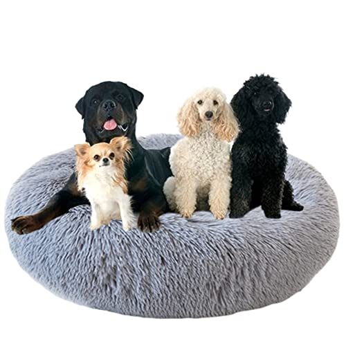 Donut Haustierbett mit rutschfester Unterseite, flauschig, gemütlich, Plüsch-Hundebett, beruhigendes Hundebett, Welpenbett, Kuschelbett, rundes Haustierbett, Kissen für mittelgroße und große Hunde/Katzen, Ø90 cm, Grau von ZOCIS