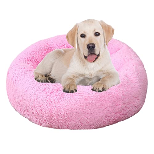 Donut Hundebett, selbstwärmend, rundes Haustierkissen mit rutschfester Unterseite, waschbar, Welpenbetten, Anti-Angst, Kuschelbett, Hunde- und Katzenbett, verbessert den Schlaf, Haustierbett für große Hunde (S-60 cm, Rosa) von ZOCIS