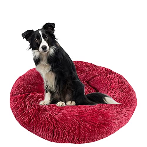 Großes Donut-Haustierbett, rundes Haustierkissen, rutschfest, Welpenbett, Sofa, beruhigendes Hundebett, maschinenwaschbar, für große Hunde/Katzen – (Ø 90 cm, weinrot) von ZOCIS