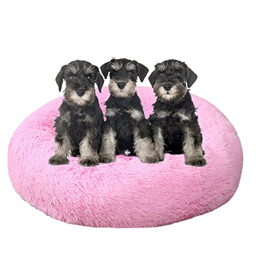 Großes beruhigendes Hundebett, waschbar, rutschfeste Unterseite, Donut-Haustierbetten, Anti-Angst, warmes Welpen-Kuschelbett, rundes Hundebett, Kissen für verbesserten Schlaf, Ø 110 cm, Rosa von ZOCIS