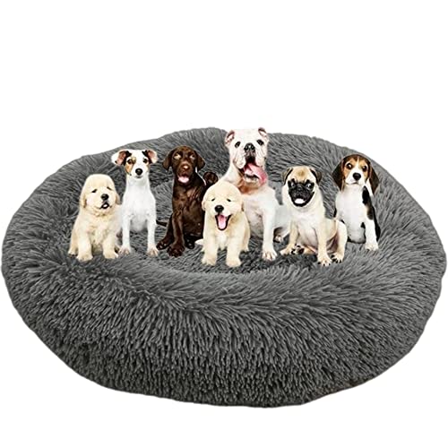 Langes Plüsch-Donut-Hundebett für große Hunde, bequemes, flauschiges Haustierbett, Kissenmatte mit rutschfester Unterseite, beruhigendes Hundebett, waschbar, Anti-Angst-Welpenbett, Ø 120 cm, Dunkelgrau von ZOCIS