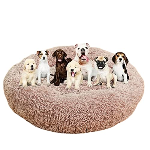 Langes Plüsch-Donut-Hundebett für große Hunde, bequemes, flauschiges Haustierbett, Kissenmatte mit rutschfester Unterseite, beruhigendes Hundebett, waschbar, Anti-Angst-Welpenbett, Ø90 cm, Beige / Braun von ZOCIS