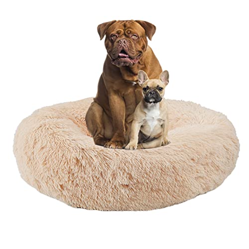 Rundes Haustierbett, beruhigendes Hundebett, Plüsch-Donut-Hundematte mit rutschfester Unterseite, Welpenbetten, Anti-Angst, Kunstfell, großes Hundebett für Hunde und Katzen (120 cm, Beige) von ZOCIS