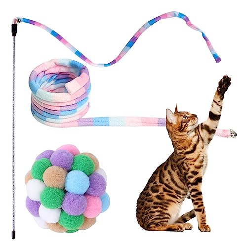 ZONEWD Regenbogenstab Katzenspielzeug,Schnurspielzeug, interaktives Katzenspielzeug-Zauberstab-Set | Interaktives Schnurspielzeug mit Ball, sicher und farbenfroh für Katzen und Kätzchen von ZONEWD