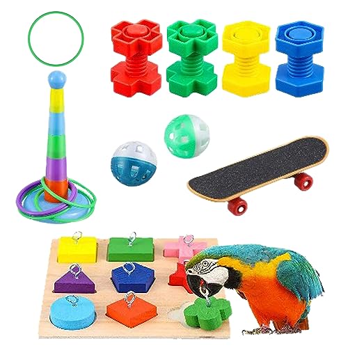 ZONEWD Vogel-Puzzlespielzeug für Papageien, Vogel-Stapelpuzzle-Zubehör mit Skateboard, 9 Stück buntes Vogelspielzeug für Papageien, Vogel-Stapel-Puzzle-Zubehör, Nymphensittich-Spielzeug und Zubehör von ZONEWD