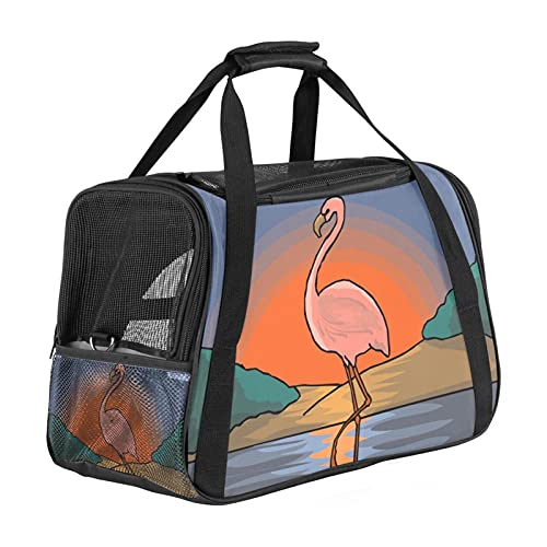 Tragbare Haustier-Reisetasche, von Fluggesellschaften zugelassene Duffle-Taschen für Katzen, Hunde, Kaninchen, mit weichen Seiten, Flamingo, Wasser, Rosa, Vogel, Sonne von ZORE_FINE5