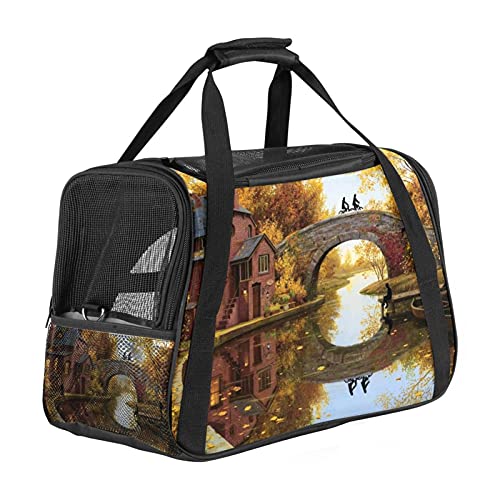 Tragbare Haustier-Reisetasche, von Fluggesellschaften zugelassene Duffle-Taschen für Katzen, Hunde, Kaninchen, mit weichen Seiten, Herbstfeld-Brücke, Landschaft, Flussdruck von ZORE_FINE5