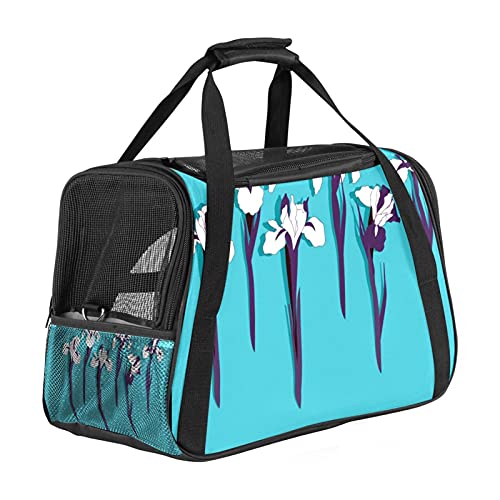 Tragbare Haustier-Reisetasche, von Fluggesellschaften zugelassene Duffle-Taschen für Katzen, Hunde, Kaninchen mit weichen Seiten, Iris-Blumen, blau bedruckt von ZORE_FINE5