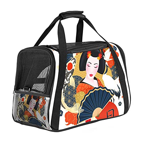 Tragbare Haustier-Reisetasche, von Fluggesellschaften zugelassene Duffle-Taschen für Katzen, Hunde, Kaninchen mit weichen Seiten, japanischer Geisha, bunte Karpfen mit Glückskatze von ZORE_FINE5