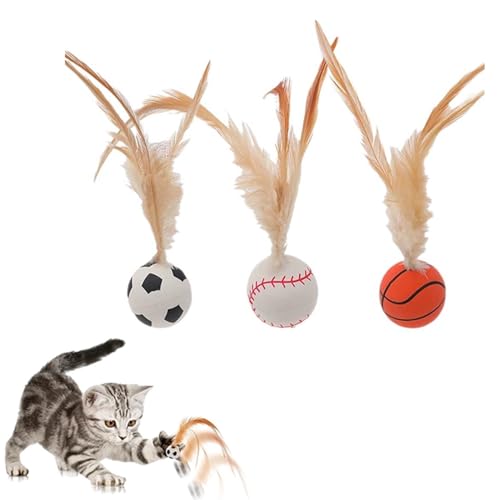 3 x Katzenfederball mit Feder, Katzenfederbälle, Hüpfschwanz, Katzenspielzeug für Indoor-Katzen, Unterhaltung, Beißspielzeug, Mini-Basketball, Fußball und Baseball, interaktives Hüpfball für Katze, von ZOUBAOQ