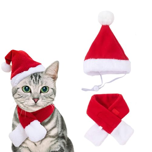 Katzen-Weihnachtskostüm, Weihnachtsmannmütze mit Schal, Outfit für kleine Hunde, Welpen, Kätzchen, Weihnachtsfeier, Kostümzubehör von ZOUBAOQ