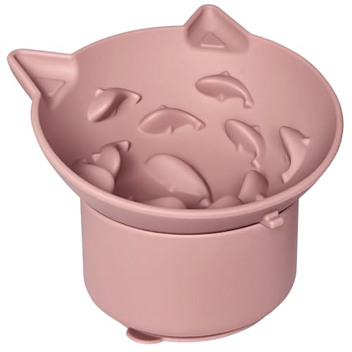 ZOURYNUA Silikon Katze Slow Feeder, erhöhte Katzennäpfe geneigtes Design mit Saugnäpfen, erhöhter Slow Feeder Bowl kein schwarzes Kinn für Trocken- und Nassfutter (Rosa) von ZOURYNUA