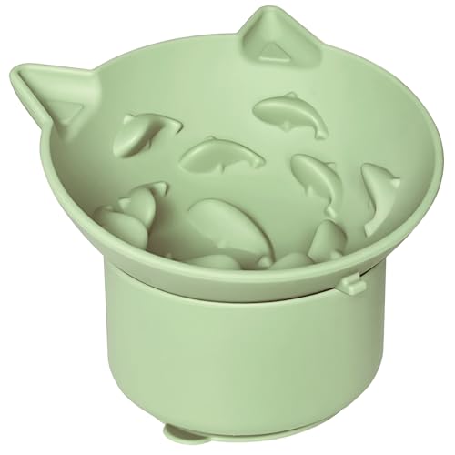 ZOURYNUA Silikon Katze Slow Feeder, erhöhte Katzennäpfe geneigtes Design, erhöhte Slow Feeder Schüssel mit Saugnäpfen, kein schwarzes Kinn für Trocken- und Nassfutter (Hellgrün) von ZOURYNUA