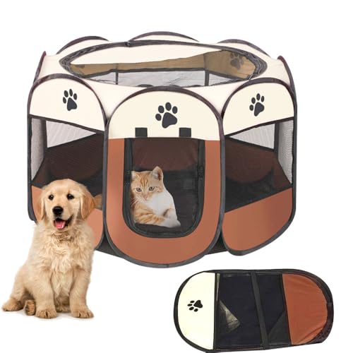 ZOYDP Welpenauslauf Faltbar, 73 x 73 x 43cm Welpenlaufstall für Drinnen, Laufstall Hund Pop-Up, Hundelaufstall für Wohnung, Hundeauslauf für Innen Hasen Katzen, Indoor/Outdoor Reisen Camping braun von ZOYDP