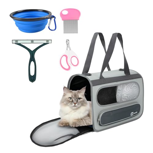 Katzen-Reisetasche, Haustierreisetasche von Flugzeug zugelassen unter dem Sitz, TSA-Fluggesellschaft zugelassen, Katzentragetasche, mit Flohkamm, De-Shedder, Futternapf, Doppellöcher, von ZQOZQO