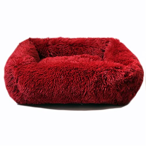 ZRHYRG Katzenbett Hundebett Haus Weiche Lange Plüsch-Katzenmatte Quadratisches Katzenbett Haus Katzen Hundematte Winter Haustier Kissen Hundebett(Red Wine,M-66x56x18cm) von ZRHYRG